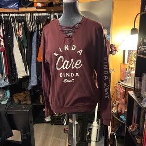 Maroon Lace-Up 'Kinda Care Kinda Don't' Graphic Sweatshirt